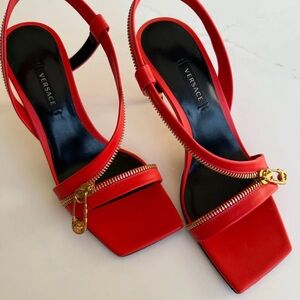 Versace Red Slingback Heels with Gold Zip Safety Pin